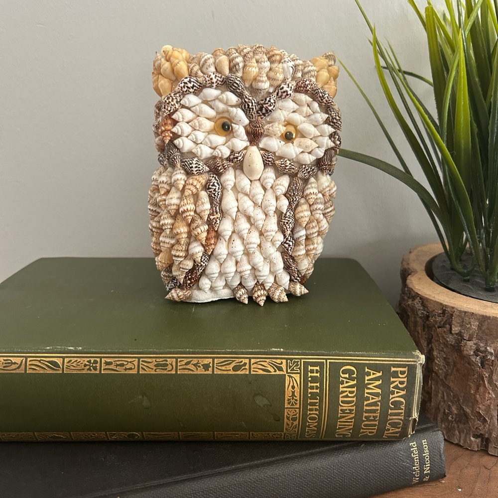 Layered Seashell Owl Figurine Statue Shell Folk Art 70s Beach